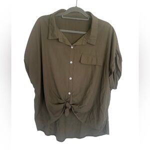 Shein Curve Olive Green Front Tie Button-Down‎ Blouse – Size 4XL